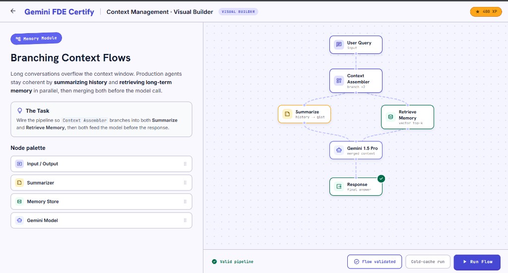FDE Spot lab screenshot showing a branching context flow visual builder with summarization, memory retrieval, Gemini model, and response validation nodes.